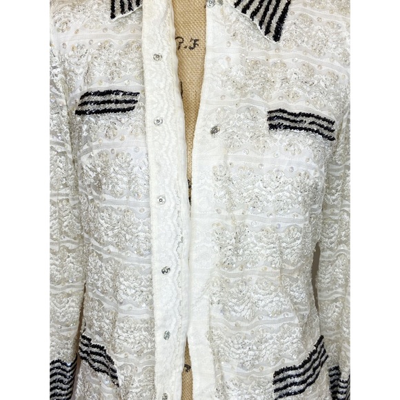 Vintage Belted Lace Button Up Shirt With Sequins and Beads - Picture 14 of 15